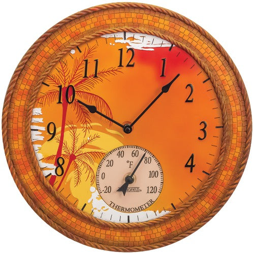 Springfield 14&quot; Poly Resin Clock With Thermometer (mosaic Palms)