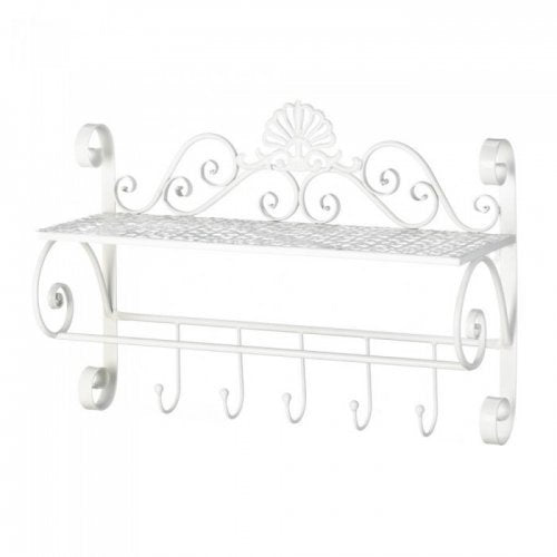 White Flourish Wall Shelf With Hooks