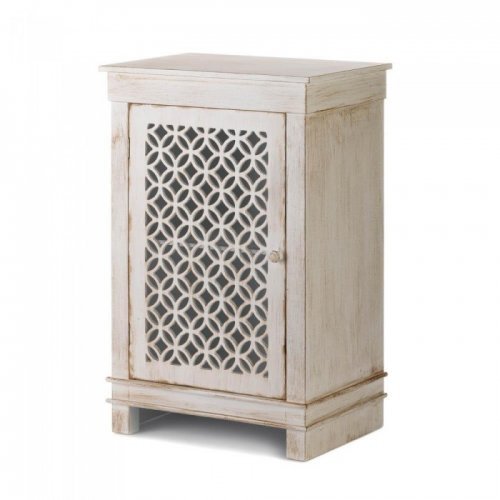 Geometric Cutwork Distressed White Cabinet