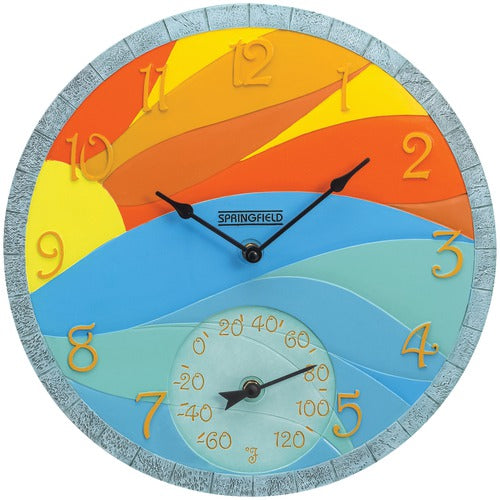 Springfield 14&amp;quot; Poly Resin Clock With Thermometer (sunrise)